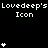 Pixelated icon displays repeated 'Lovedeep's Icon' text above stacked white asterisks on black background with gray corner overlay.