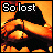 A 4-frame animated contact sheet showing a pixelated figure with black hair covering their face, wearing a dark top and light-colored shorts against an orange background, with "Solost" text in the upper left corner of each frame.