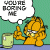Pixelated cartoon icon of a yellow cat with orange stripes giving a thumbs-up gesture next to a green drink, with a speech bubble containing the text "YOU ARE BORING ME" against a solid teal background.