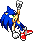 Blue anthropomorphic hedgehog with green eyes, red shoes, white gloves, and yellow chest fur in multiple pixel-art poses against gray background.