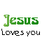 Green text 'Jesus' above black text 'Loves you' repeated in a pattern on a gray background