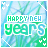 Animated 'HAPPY NEW YEARS' text with green and blue pixelated letters over a light blue background of diagonal lines, small white hearts in corners.