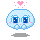 Pixelated light blue character with large eyes and pink blush, shown in multiple expressions including crying, angry, and neutral poses against gray background.