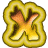 A golden-yellow stylized X-shaped icon with a 3D beveled effect and orange inner glow, positioned next to scattered gray pixelated shapes on a white background.