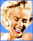 Four show a woman with blonde hair in various poses against blue backgrounds, wearing white halter dresses and pearl earrings