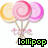 A 4x4 contact sheet of a static animated lollipop icon with multiple identical frames showing pink and yellow swirled lollipops on sticks with small flower decorations, each labeled "lollipop" in green text below.