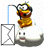 Animated icon shows a yellow cartoon character with headphones holding a broken envelope, then a solid envelope, then red Chinese characters.