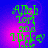 Green text on purple gradient background with pixelated animation changes across four