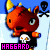 Pixelated orange creature with yellow horns, black shirt featuring white skull and crossbones, blue background, pink or black skull-and-crossbones symbol above.
