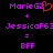 Pixelated text displays 'MarieG2' with a red heart symbol, followed by '+' and 'JessicaF63', then '=' and 'BFF' on black background.