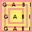 Four identical square arranged in a , each containing nested pink and yellow squares with repeating 'GAB' text around the perimeter