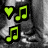 six showing a grayscale background with colored musical notes and hearts, each displaying different text labels