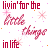 A 50x50 pixel animated AIM buddy icon featuring the phrase "livin' for the little things in life" with pink and red text, snowflake-like stars, and orange dots on a white background across three sampled frames showing color variations.