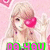 A pixelated anime-style character with blonde hair and red heart-shaped eyes holds a pink heart, set against a light pink background with scattered hearts.