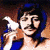 A pixelated image of a person with dark hair holding a white bird against a blue and brown background.