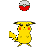 Pixelated yellow Pokémon with red cheeks and black-tipped ears stands under a red-and-white Poké Ball, its tail position and Poké Ball placement vary across frames.