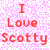 Pixelated text repeats 'I Love Scotty' on pink background with yellow accents, showing animation changes in letter colors and layout.