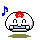 A 4-frame pixel art animation of a white round character with red flower on head, pink cheeks, and blue mouthpiece, showing different expressions and musical notes in each frame.