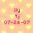 Pixelated peach background with repeating yellow heart shapes, red text 'ily tj' and '07-24-07' in four identical quadrants.