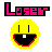Pixel art buddy icon featuring pink text reading "Loser" above a yellow smiley face with black eyes, red outline, and one missing tooth.