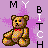 A pixel art contact sheet showing two animated frames of a teddy bear icon with changing text and color inversion effects on the letters surrounding it, set against a purple background with pink starburst patterns.