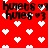 Red background with white pixelated hearts and black text reading 'huiets' and 'hues' repeated in a pattern
