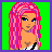 Pixel art contact sheet of a 6-frame animated icon featuring a cartoon woman with pink hair and zebra-striped clothing, displaying sequential motion across frames with green background and pixelated text.