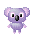 Pixelated purple koala with pink inner ears, black nose, and white eyes in various poses including standing, jumping, and sticking out a tongue.