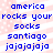 Blue pixelated text on a pink and white striped background with repeating patterns of 'america rocks your socks santiago jajajajaja' in two