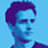 Pixelated image of a person with purple hair against a blue background, with text overlays reading "Joey McIntyre is back! the new single LA BLUE" in various fonts and colors.