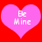 Two pink hearts on red background with 'Be Mine' text, each heart has a small pixelated symbol above the word 'Be'.