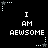 Black background with white pixelated text "I AM AEWSOME" repeated in a , surrounded by small star and dot patterns
