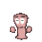 Pixelated cartoon character with pink skin, white eyes, and black eyebrows in various poses with floating brown circles.