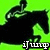 Black silhouette of a rider on a horse against bright green background with white text 'iJump' below, showing motion in
