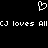 A black background displays a white pixelated heart symbol above repeated text reading "CJ loves All" in blocky, retro-style font.