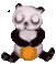 Pixelated panda with black and white fur, orange belly patch, holding a small object near its mouth in three sequential poses.