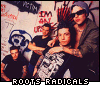 Group of people posing against graffiti-covered wall with 'ROOTS RADICALS' text below, varying color tones across three views.