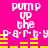 Pixelated text and yellow bars on a bright pink background, with repeated phrases and rhythmic visual elements.