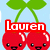 Two cherry-shaped characters with smiling faces, green leaves, and text banners reading 'Lauren' in red and green backgrounds.