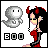 Pixelated character with red horns and black hair in red dress, standing next to gray ghost-like figure with 'BOO' text below.