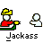 Pixel art animation of a figure in red shirt and yellow hat firing blue projectiles at white figures, with text "Jackass" below.