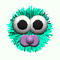A teal fuzzy cartoon character with large white eyes and a purple nose, displayed in six positions showing subtle animation changes