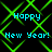 Green neon background with cyan text reading 'Happy New Year!' in four quadrants, pixelated style