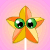 Animated star-shaped lollipop with green eyes on a pink background, showing frame-by-frame changes in surrounding small stars and background gradient.