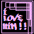 Pixelated icon with 'Love him!!' text in multicolored letters, framed by pink and purple checkered border on black background.