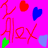Pixelated icon with bright pink background featuring red and blue heart shapes, red angular lines, a green triangle, and a light purple shape.