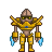Pixel art character with golden armor, yellow goggles, blue accents, and blue energy effects on both hands against a gray background.