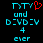 Pixelated cyan text on black background with red heart symbol replacing the 'O' in TVTV, showing two states: one with a red heart and one without.