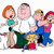 Pixelated cartoon image of five characters from Family Guy in a group pose with one character holding a pink balloon-like object.