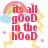 Pixelated image with rainbow, clouds, and yellow lightning bolts surrounding red text reading 'its all good in the hooD' on white background.